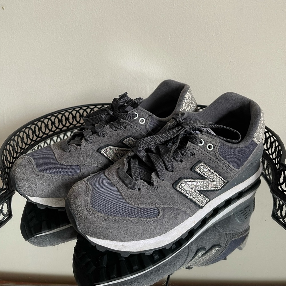 New Balance| Women Sneakers| Size 6.5| Gray - Blue w Shiny Pink Details